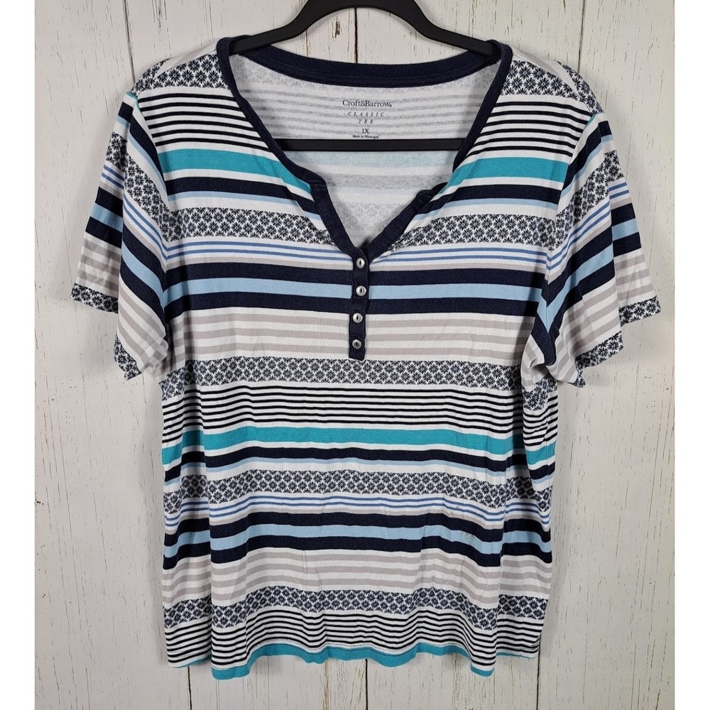 Croft‎ Barrow Plus Size 1X Womens Blue Striped Print Short Sleeve Button Up Top